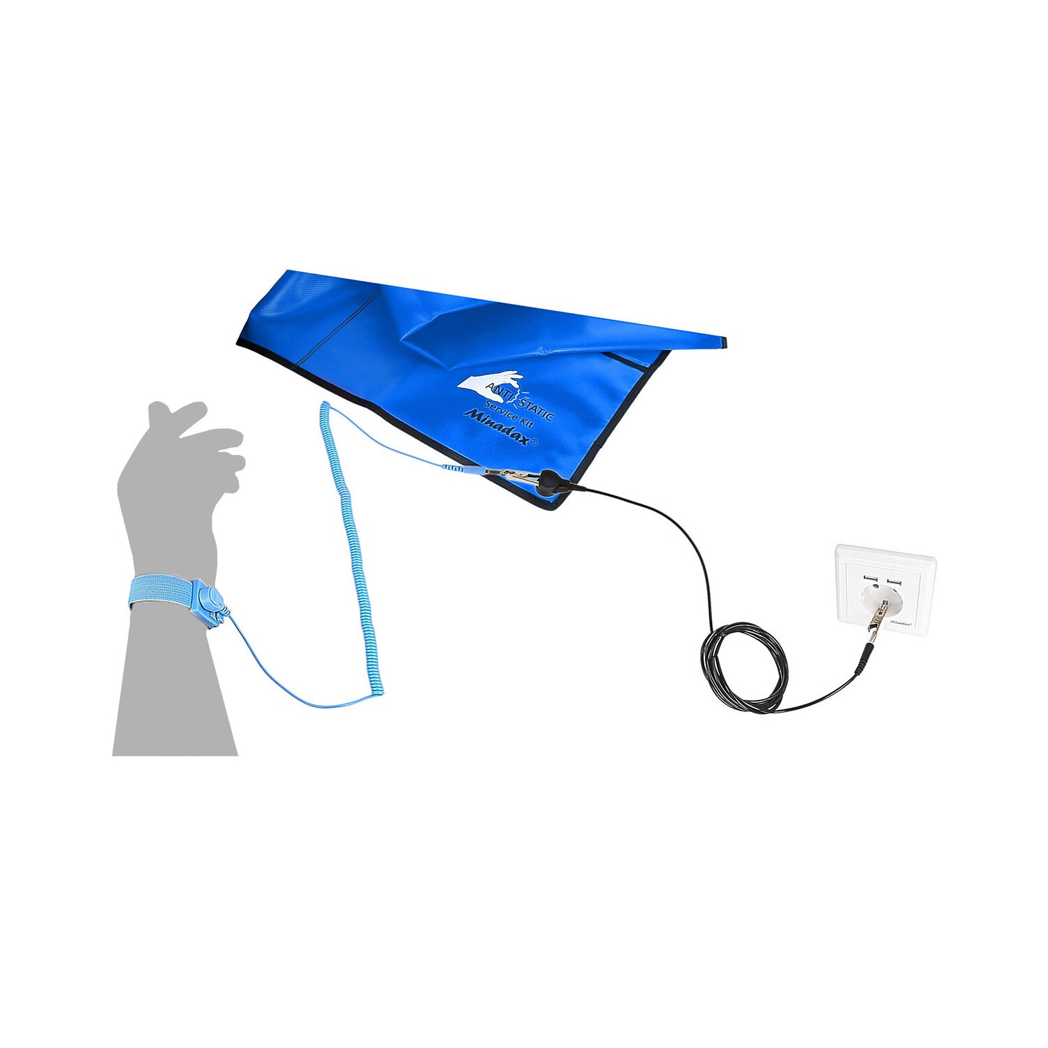Minadax 60 x 120cm Antistatik-Portabel Set + Tasche ESD Antistatikmatte in  Blau, Handgelenksschlaufe und Erdungskabel - Für ein sicheres Arbeiten und