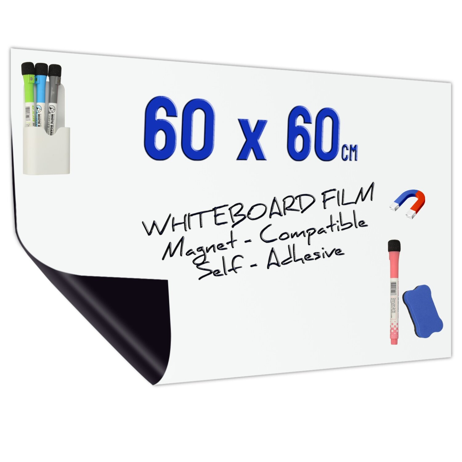 Minadax Whiteboard Folie 60 x 60cm | Magnet Haftend | Zuschneidbar + Stifte mit Halter + Wischer