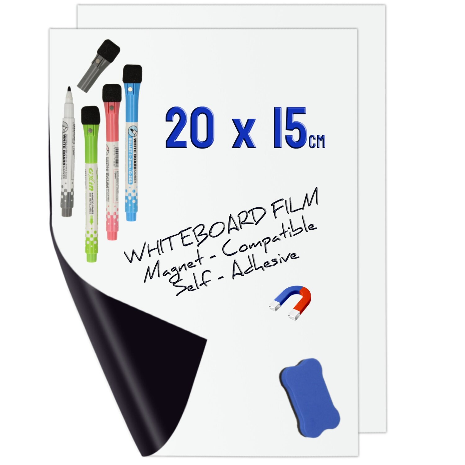 Minadax 2x Mini Whiteboard Folie 20 x 15cm | Magnet Haftend | Zuschneidbar + Stifte + Wischer