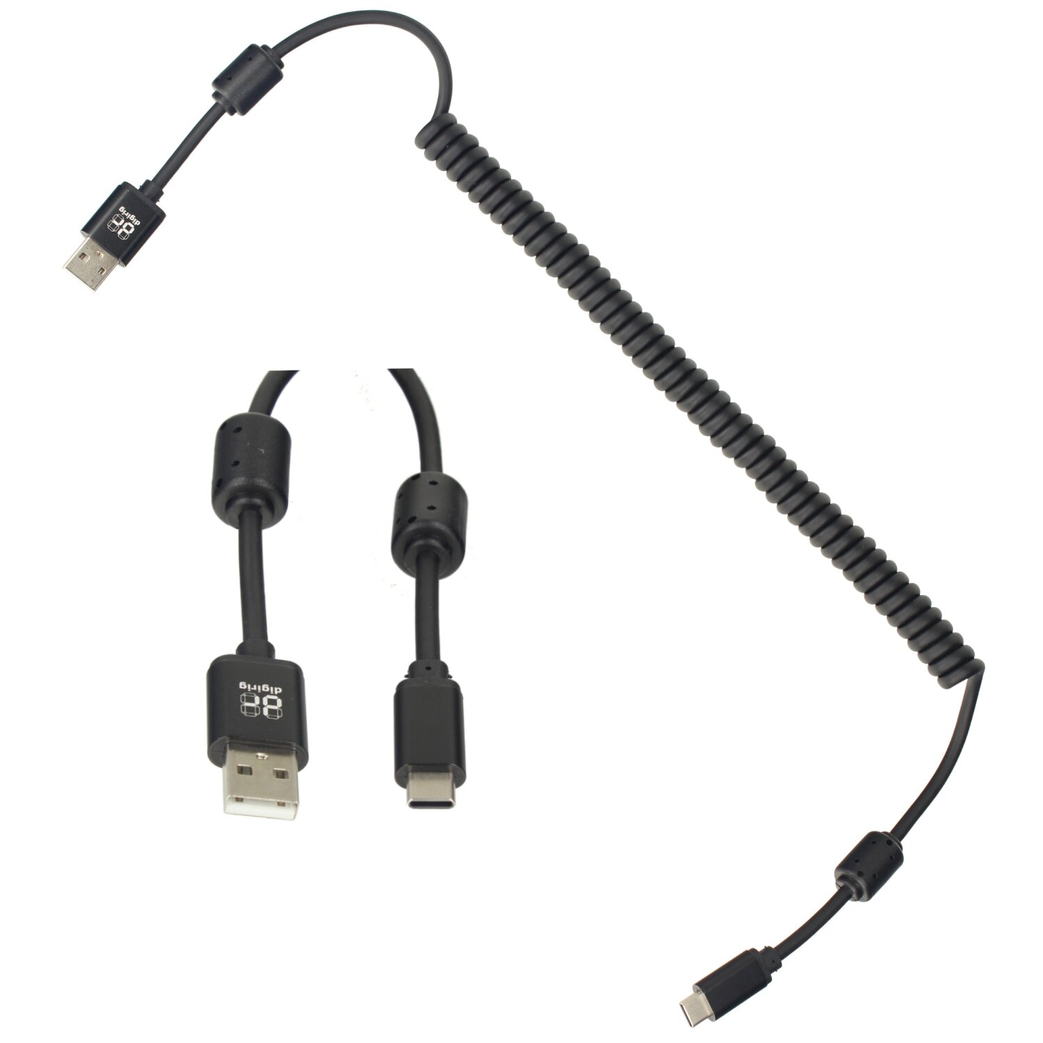 Minadax Digirig USB-A zu USB-C Kabel 40-150cm | abgeschirmt | RF-gefiltert | 3A Ladekapazität | Ferritkerne an den Enden